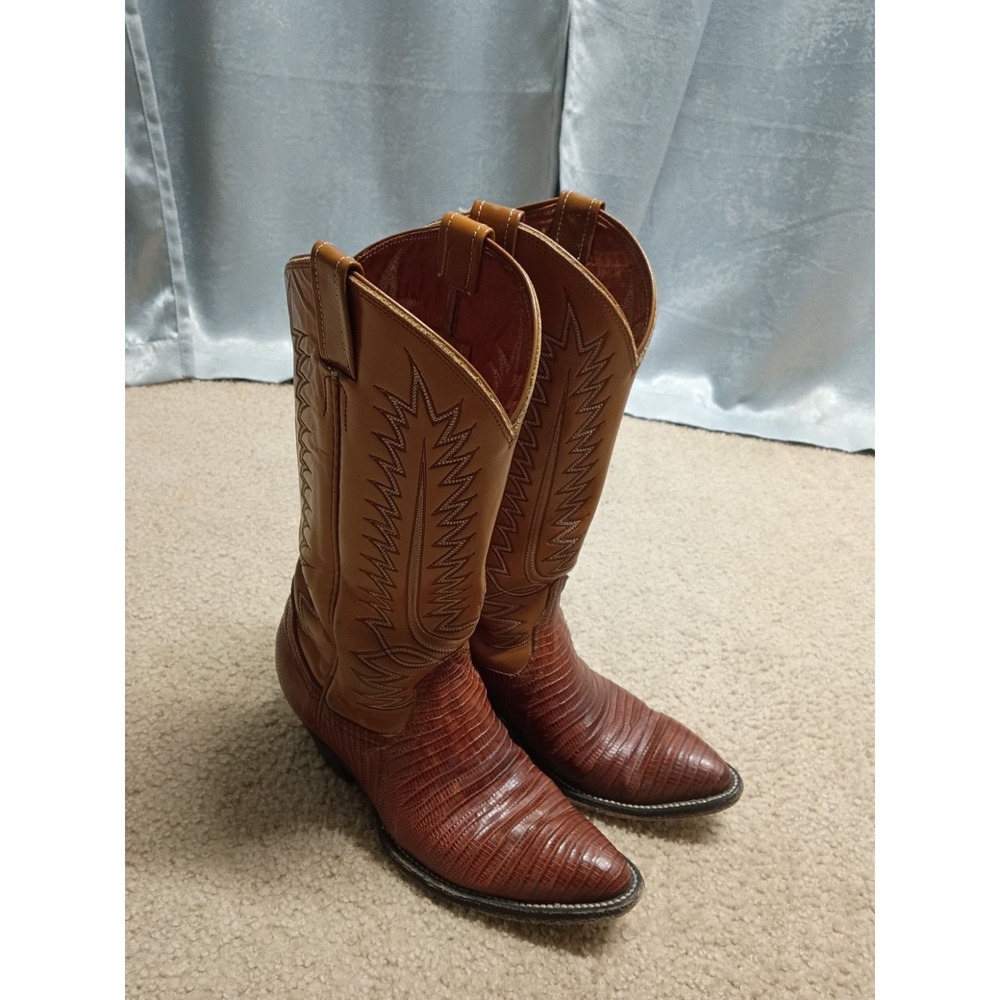 Vintage 80s Cowtown Lizard Skin Western Leather Cowboy Boots Men's 8B Brown - Picture 2 of 10